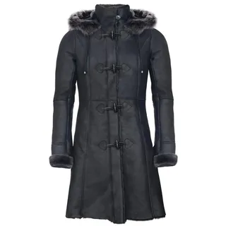 Damen Merino Schwarz Shearling Schaffell Kapuze Dufflecoat M - M