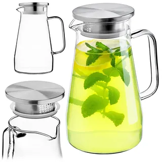 KADAX Glaskaraffe 1.5L, Wasserkaraffe mit Sieb und Deckel aus Edelstahl, Karaffe aus Glas, Glaskrug für Wasser, Wasserkrug aus Borosilikatglas, Glaskanne