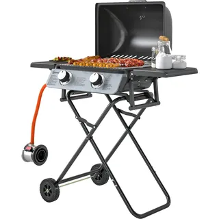 Outsunny Gasgrill 5,6 KW Grillwagen inkl 2 Edelstahl-Brenner klappbar Seitenablagen Rolle Druckminderer Gasschlauch Deckel Thermometer, BBQ Gartengrill für Balkon, Camping-Grill 101 x 50 x 102 cm   Aosom