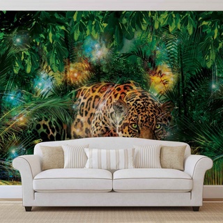 Forwall Fototapete Tapete Jaguar im bunten Dschungel AF1333P4 (254cm x 184cm) Photo Wallpaper Mural