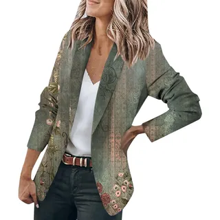 LUNULE Blazer Damen Elegant Vintage Blumendruck Knopf Open Front Jacke Casual Langarm Cardigan Arbeit Büro Sakko Mantel Leicht Dünne Business Jacket Sommer Blazerjacke Longblazer Outwear