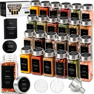 EDELHAUS Gewürzgläser Eckig Set 24x120ml mit Edelstahl Deckel 240 Etiketten | Luftdichte Gewürzbehälter mit Streueinsatz, 240 Etiketten Schwarz, Gewürzdosen, Gewürz Organizer Schublade, Trichter & Bürste