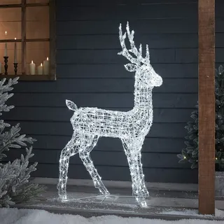 Lights4fun 120cm Swinsty LED Rentier Figur Acryl Weihnachtsfigur Rentier weiß Timer Weihnachtsbeleuchtung Außen und Innen Rentier beleuchtet aussen