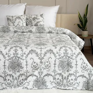 Euromat Tagesdecke Steppdecke Bettüberwurf Gesteppte Tagesdecke mit 2 Kissenbezüge 40x40 cm- (Schwarz Weiss Ornament- J-066, 220x240 cm)