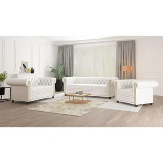 s-style möbel Chesterfield Polstergarnitur vegan Leder 3-Sitzer + 2-Sitzer + Sessel Weiß
