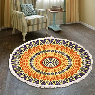 Vintage Boho Baumwolle Teppiche Mandala Muster Waschbar Handgewebte Böhmische Runder Teppich mit Quasten für Schlafzimmer Flur Wohnzimmer Couchtisch Fußmatten,Waschmaschinenfest,60CM Blumen #33