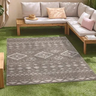 Carpet City In-& Outdoor Teppich - 240x340 cm - für Innen-& Außenbereich - Wetterfest Balkon-Teppich, Terrasse, Flur, Küche - Wohnzimmer-Teppiche - Hochtief/ 3D-Effekt - Ethno-Look in Braun