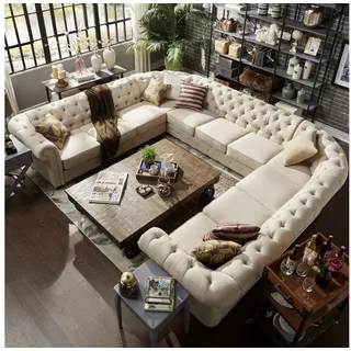 JVmoebel Wohnlandschaft Chesterfield Sofa U-Form aus Leder mit Knopfheftung, Made in Europa beige