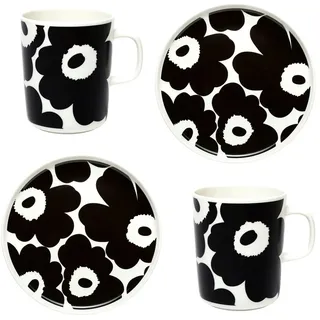 Marimekko - Oiva Unikko Becher mit Henkel & Teller, weiß / schwarz (4er-Set)