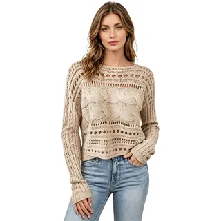 KoJooin Pullover Sommerliche Häkeltops für Damen im Boho-Stil,Rundhalsausschnitt, locker geschnitten, Urlaubsmode apricot M