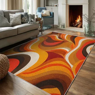 Generisch Waschbarer Teppich Wohnzimmer 200x200 Abstrakte Wellen Motiv, 50er 60er Retro Wirbel Teppiche Gegend für Schlafzimmer Deko, Großer Rugs for Living Room, Weich rutschfest Kurzflor E24