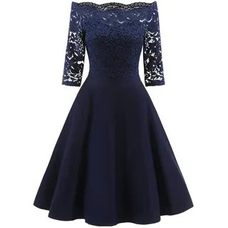 Modaworld Damen Rockabilly Kleid Knielang elegant Sommerkleid Vintage Spitze cocktailkleid Off Shoulder Abendkleid Kleider Brautjungfernkleid