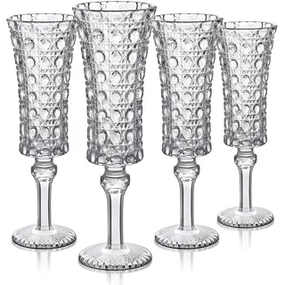 Joeyan 120ml Vintage Sektgläser 4er set, 4 oz Geprägte Champagner Gläser | Gravur Sektkelche mit Diamantge Pattern Relief für Cava Prosecco, Dekorative Stielgläser Sektflöten für Bars Zuhause Party