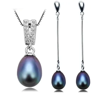 925 Sterling Silber Kette Natürliche Süßwasserperlen Anhänger Ohrringe Modeschmuck Set Für Frauen 8-9mm Perle Schwarz