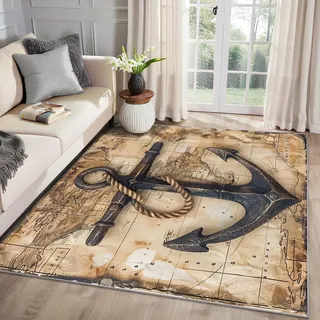 MMYAOKEN Anker Teppich Wohnzimmer 120x170 Nautisch Karte Maritim Deko, Teppich Kurzflor, Weich rutschfest Waschbare Teppiche, Bettvorleger Schlafzimmer Kinderzimmer