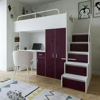Marlux-Meble Hochbett JSM-4 80x190 mit Kleiderschrank Schreibtisch und Treppe Hochglanz Kinderbetten Funktionsbett Etagenbett Stockbett Kinderhochbett Jugendhochbett (Violett Glanz)