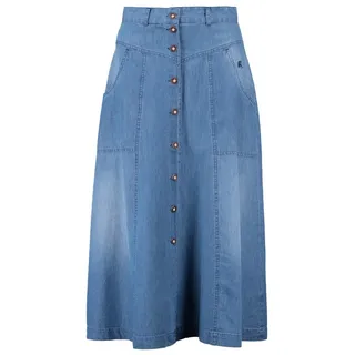 OS Trachten Jeansrock Brujus Trachtenrock wadenlanger Tellerrock mit 2 Seitentaschen und Stickerei blau 44