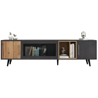 MODFU TV-Schrank TV-Lowboard (mit Klapptür aus Glas und abnehbarem Fach, TV-Schrank mit großen Stauraum) braun|schwarz
