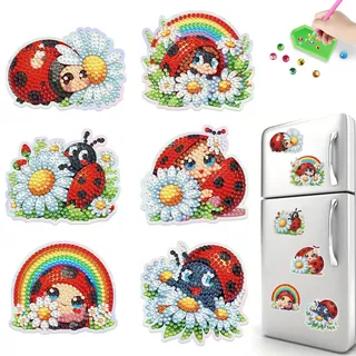 6 Stück Diamond Painting Magnete Kühlschrank,einfache Marienkäfer Diamant Malerei Kühlschrankmagnete,Kunsthandwerk für Anfänger und Erwachsene,für Whiteboard,Pinnwand,Kühlschrank,Magnettafel