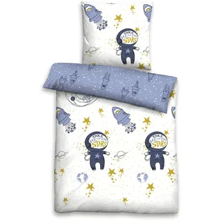 biberna Premium Biber Bettwäsche 100x135 cm blau | Biber 2-teilig mit Kissenbezug 40x60 cm | 100% Baumwolle | weich, wärmend | Reißverschluss | Kinderbettwäsche | Weltraum | Modell 0004647