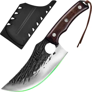 FULLHI Metzgermesser, Voll Tang serbischen Kochmesser hohen Kohlenstoffstahl Fleischbeil geschmiedet Küchenmesser für Outdoor, Camping, Geburtstag Geschenk (Braun, BBQ-Kochmesser)