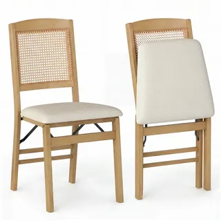 COSTWAY Esszimmerstuhl (2er Set), klappbar Klappstühle gepolstert Holz, Rattan 180kg beige