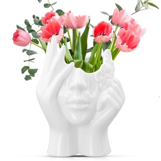 Gesicht Vase Keramik, Weiß Dekorative Vasen mit weiblichem Gesicht Tischdeko Modern Gesicht Vase Arrangement Blumenvase Kunstvase für Zuhause Büro Wohnzimmer Hochzeit Veranstaltungen (Hold The face)