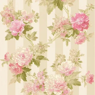 Bricoflor Vliestapete mit Streifen und Rosen Florale Tapete Gestreift in Rosa Grün Beige Romantische Vlies Streifentapete mit Blumen für Schlafzimmer