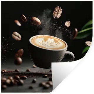 MuchoWow Wandsticker Cappuccino - Tasse - Bohnen - Braun (1 St), Wandaufkleber, Selbstklebend, Wohnzimmer, 120x120 cm 120 cm x 120 cm x 0.1 cm