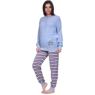 Creative by Normann Damen Frottee Pyjama mit Knopfleiste, Langarm, Uni Oberteil Katzen, Hose in Ringel-Optik, Blau, 69217, Gr. M 40/42 - M