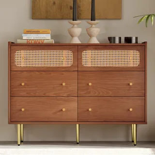 Kommode 120×40×90 Cm Modern In Nussbaum-optik Mit 6 Rattan-schubladen, Hoher Sideboard Für Schlafzimmer Und Wohnzimmer