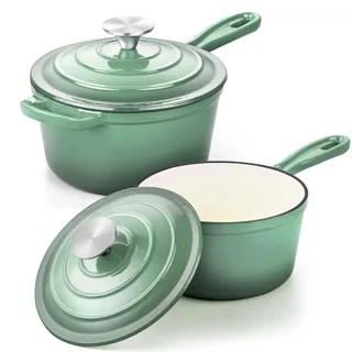 Leonyo Stielkasserolle aus emailliertem Gusseisen, Gusseisen, Dutch Oven Küche, kleine Töpfe für alle Herdarten zum Kochen von Nudeln, Milch, Haferflocken – bis zu 260 °C, Pistaziengrün
