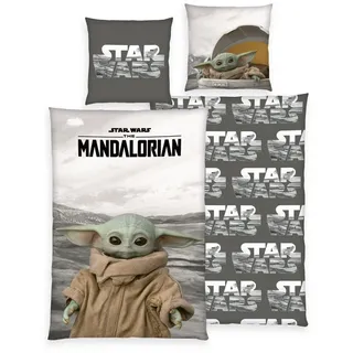 Herding Bettwäsche Mandalorian Grogu Baby Yoda Disney Star Wars 135x200cm, Renforcé, 2 teilig, Grogu Mandalorian, mit Knopfleiste grau