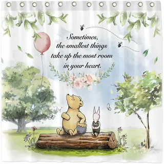 Seasonwood Klassisches Winnie-Duschvorhang-Set mit 12 Haken, Aquarell, Puuh, Mädchen, Kinder, Cartoon, Frühling, Badezimmer, wasserdicht mit waschbarem strapazierfähigem Polyestergewebe, 183x183 cm