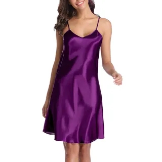Vlazom Damen Nachthemd Satin Sexy Negligee Unterkleid mit Spaghettiträger V Ausschnitt Nachtkleid für Frauen(S,Stil A-Violett) - S