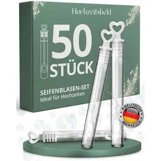 HOCHZEITSHELD Seifenblasen Hochzeit 50 Stück - Perfekt als Hochzeitsdeko oder Gastgeschenke - Befüllte kleine Hochzeitsseifenblasen zur Tischdeko - Wedding Decoration mittels Seifenblasen-Herz-Griff