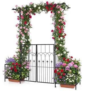 COSTWAY Rosenbogen, Gartenbogen mit tür, Torbogen mit 2 Pflanzkästen schwarz