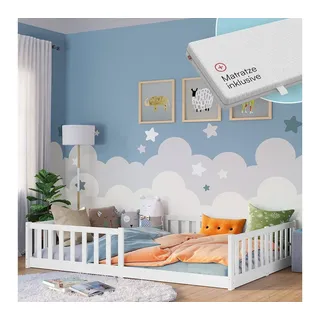 Bellabino Kinderbett Vere mit Rausfallschutz und Lattenrost (weiß mit Matratze, Kiefer Massivholz), Bodenbett verfügbar in 80x160 & 90/120/140x200 cm weiß