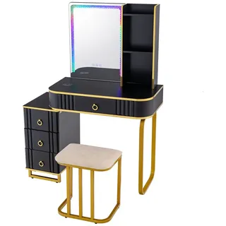 KOMFOTTEU Schminktisch, mit LED, Hocker, USB/Type C/Kabellosem Laden schwarz