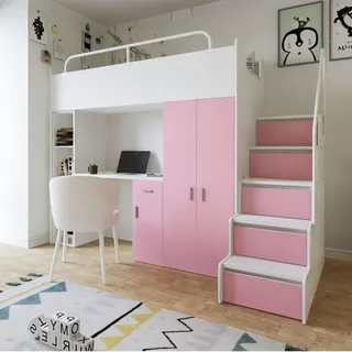 Marlux-Meble Hochbett Kinderbett JSM-4 90x200 mit Kleiderschrank Schreibtisch und Treppe Matt Kinderbetten Funktionsbett Etagenbett Stockbett Kinderhochbett Jugendhochbett (Rosa Matt)