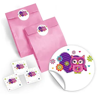 12 Party-Tüten/Hellrosa mit 12 Aufkleber für Geschenke Mitgebseln beim Kindergeburtstag Eule/Hochzeit/Geburtstag/Kinderfest