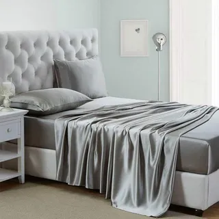 Lanest Housing Seidensatin-Bettlaken, 4-teiliges Queen-Size-Satin-Bettwäsche-Set mit tiefen Taschen, kühlend weich und hypoallergen, Satin-Bettlaken, Queen-Size-Bett, Hellgrau