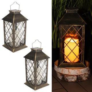 LUMILED 2x Set Solarlaterne Außen Solar Laternen Draußen LED Glas Laterne Solarleuchte Kerze Flammeneffekte Kerzenlaterne IP44 Vintage Patina Hängend Dekorative Außenleuchte Gartenlampe