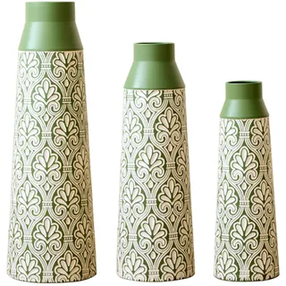 Bodenvase, Metallvase, grüne Dekovase aus Metall, Retro Ornament, 3er Set 61,5/51/43,5 cm, Nicht wasserdicht, für Trockenblumen, Pampasgras, Wohnzimmer, Flur