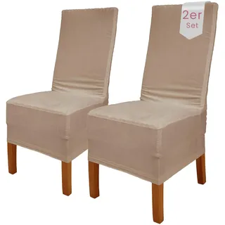 Scheffler Home Stuhlhussen Samt Stein-Beige 2er Set Puma – Elastische Stuhlbezüge für Hochlehner und Polsterstühle – Waschbar und formstabil