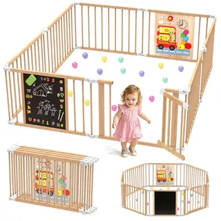 SPYLAVE Laufstall Baby aus Holz, Flexibel Verstellbares Laufgitter mit Tür, Montessori Spielpaneel & Tafel, Faltbarer Spielzaun als Sicheres Aktivitätszentrum für Babys und Kleinkinder (XL)
