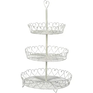 ETC dekorative nostalgische Deko Etagere Korbetagere 3-stöckig rund mit Herzmotiv aus Metalldraht shabby weiß in vintage Optik