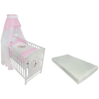 Babyhafen Komplettbett 60 × 120 cm Babybett Teddy auf dem Mond Gitterbett Kinderbett, inkl. Matratze, Himmel, Nestchen & Bettwäsche rosa