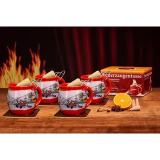 Feuerzangentasse Bowle-Set Feuerzangentasse 4er-Set (Feuerzangenbowle Set, 9-tlg., 4x Feuerzangentasse, 4x Korkuntersetzer, 1x Rezeptheftchen), hitzebeständige Keramik, Edelstahl-Feuerzange rot