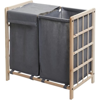 Mendler Wäschesammler HWC-B60, Laundry Wäschebox Wäschekorb, Massiv-Holz 2 Fächer 60x60x33cm 68l ~ hellbraun, Bezug grau